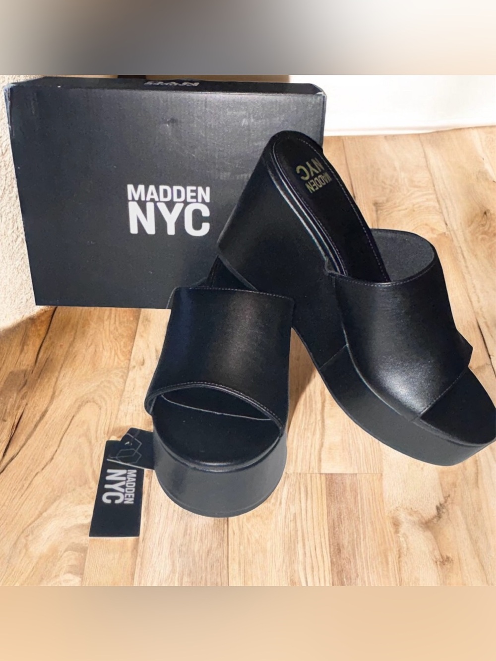 Madden NYC Black Platform Boho Wedge Slide on Sandals - Women's 8